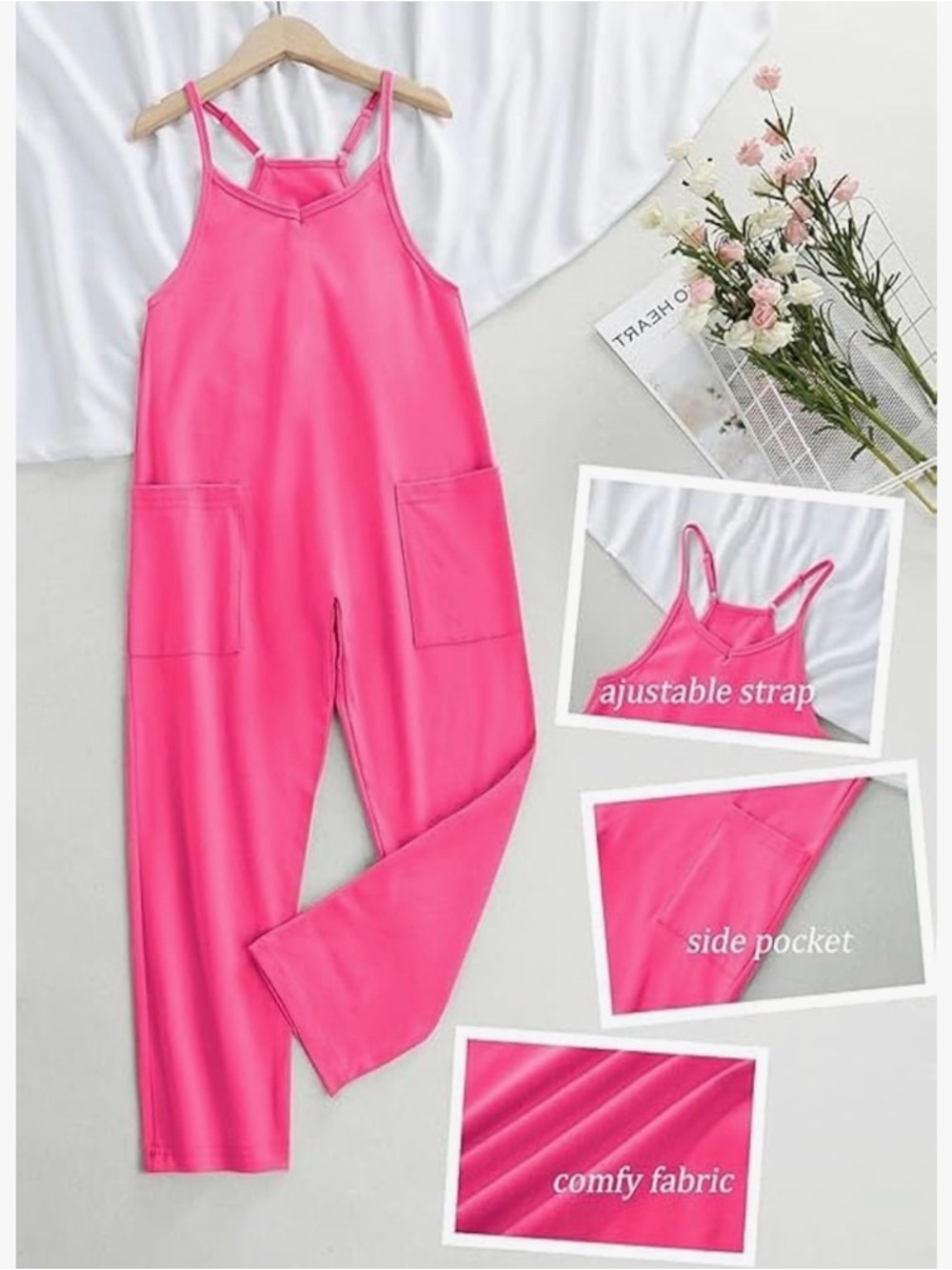 Girls pink Adjustable-Strap Romper with Pockets size 140/ 9/10